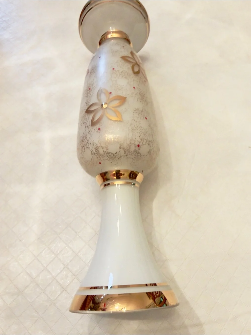 White opaline/milk glass gilded (gold) flower speckled gold stippling red dots